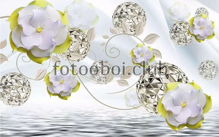 цветы, шары, вода, дизайнерские, 3д, 3d, абстракция